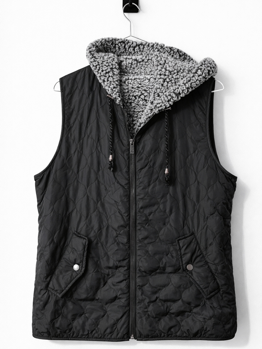 Altar'd State Black Quilted Hooded Vest with Gray Sherpa Lining